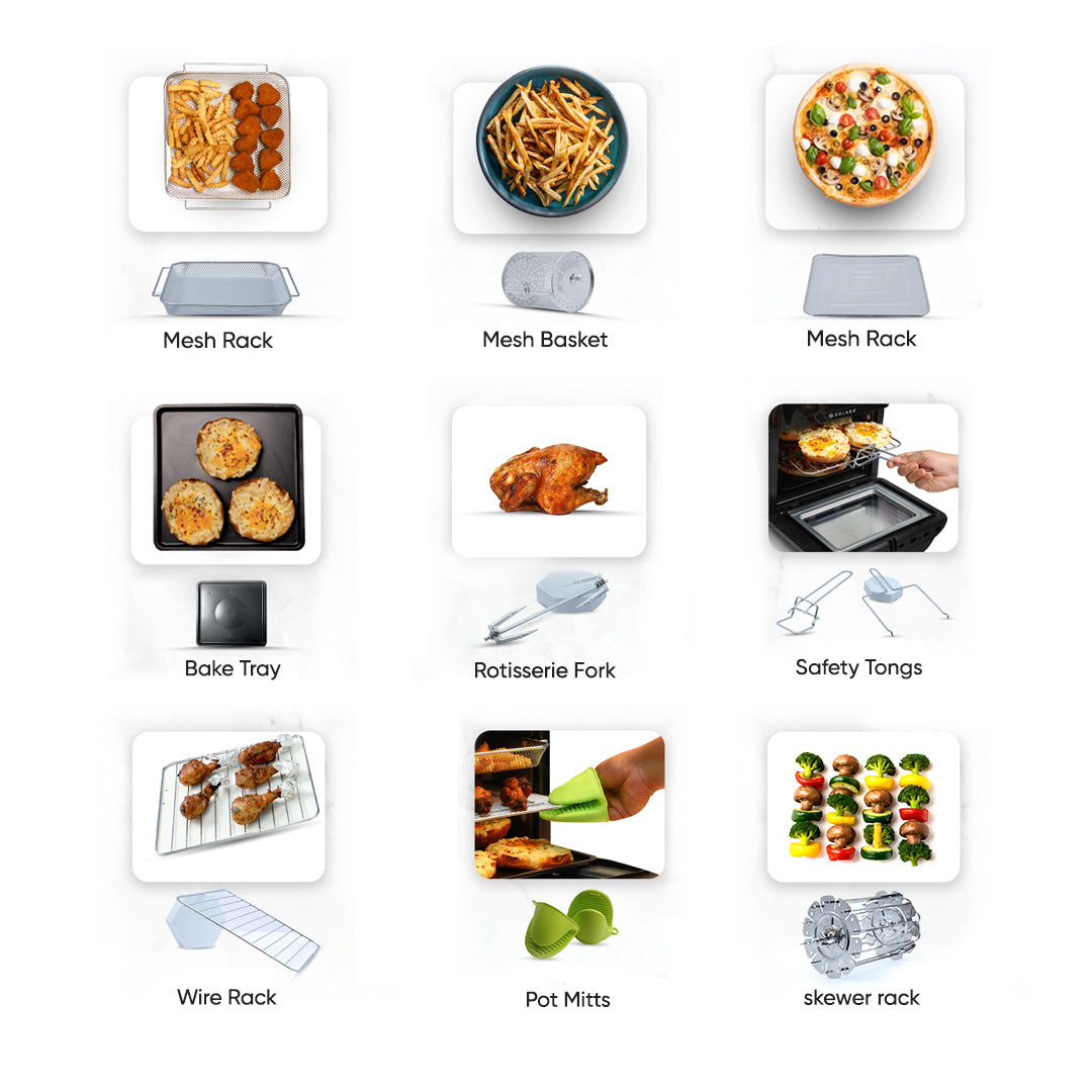 Solara air fryer oven accessories: mesh racks, rotisserie basket, bake tray, rotisserie fork, tongs, wire rack