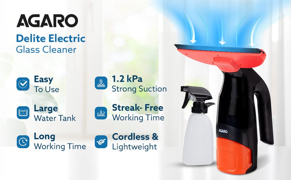 AGARO Delite cordless window vacuum cleaner with 360 ml spray bottle attached