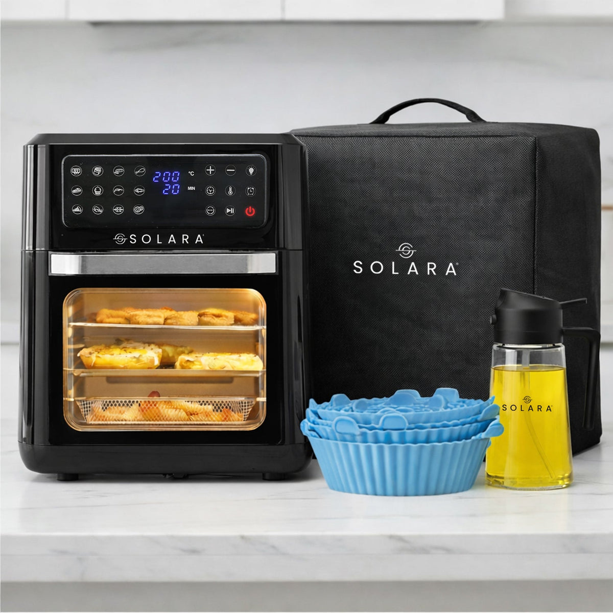 Solara 12L air fryer oven Signature Combo with glass oil sprayer, blue silicone liners and storage cover
