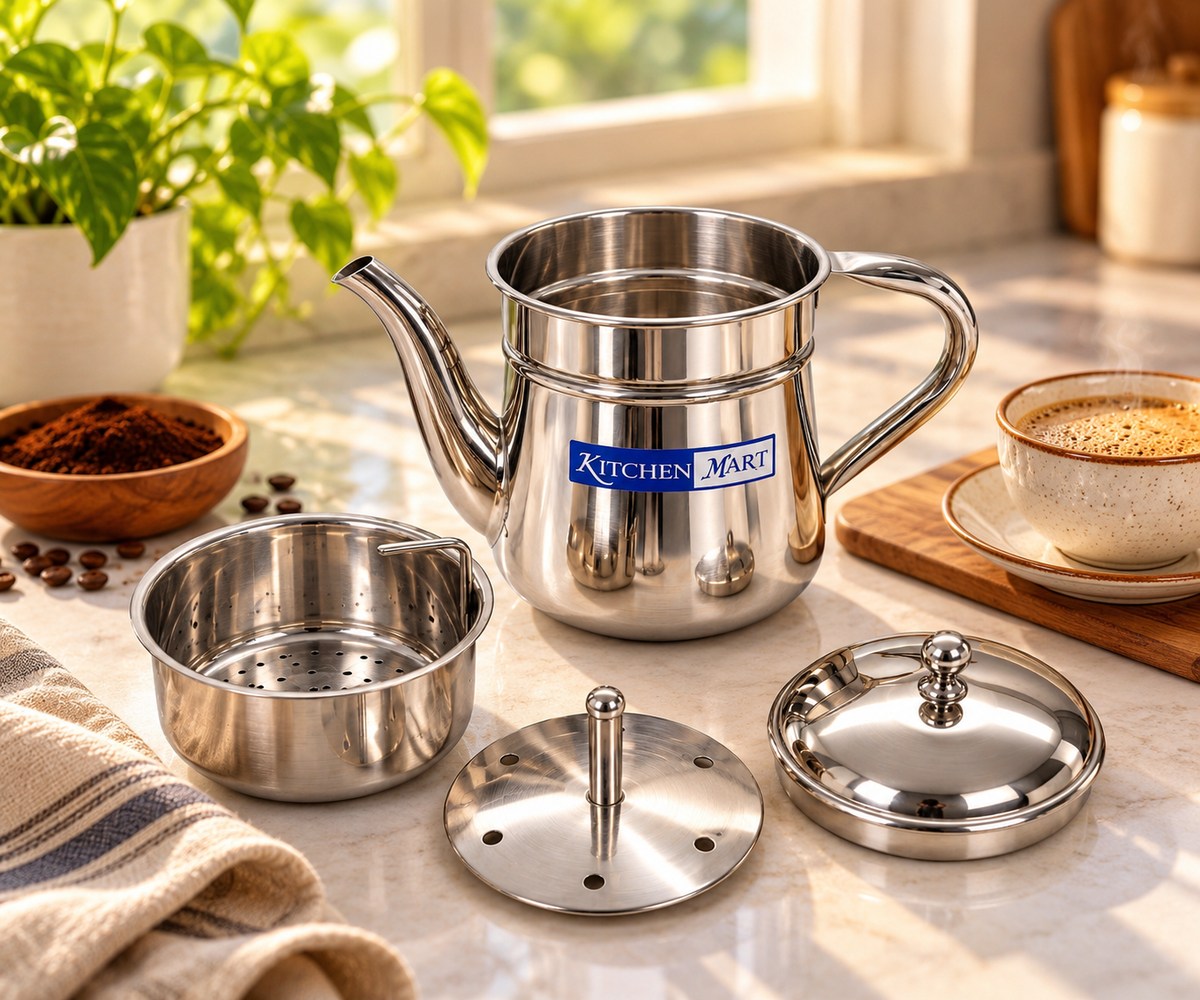 Kitchen Mart Stainless Steel Coffee Kettle with Filter – South Indian Drip Coffee Maker
