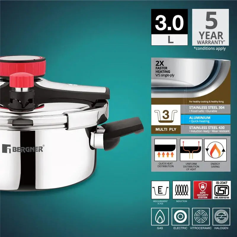 Bergner Capri Triply Cooker – Turn-Open-Lift knob for effortless pressure cooking