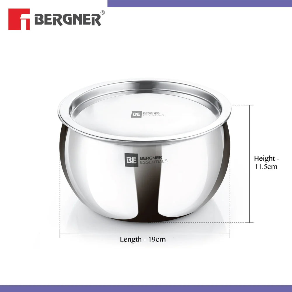 Bergner Essentials Tri-Ply Stainless Steel Rice Handi with Lid, Small, Even Heat Distribution, Induction &amp; Gas Ready, Handle Free