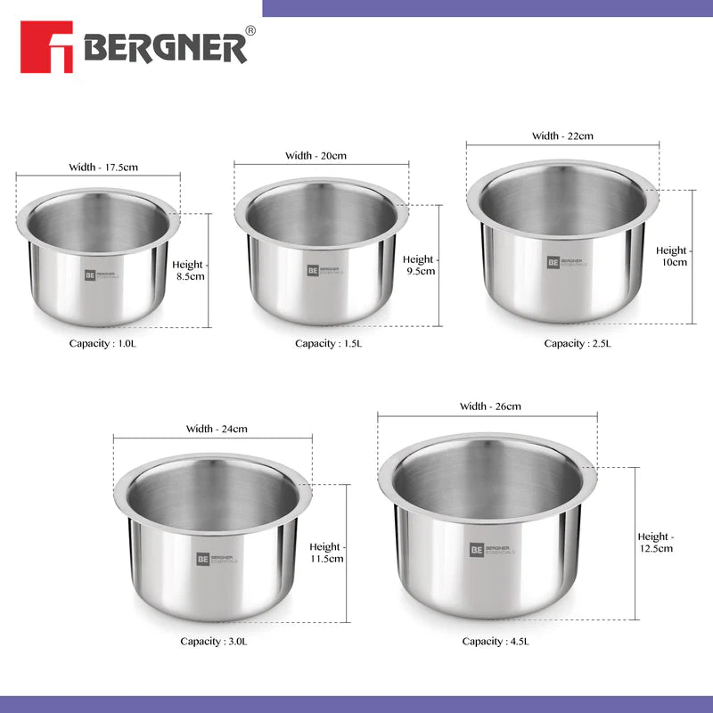 Bergner stainless steel tope set 1L to 4.5L capacity induction compatible cookware collection