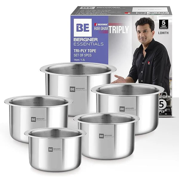 Bergner BE Essentials 5 piece triply stainless steel tope set with lids arranged by size