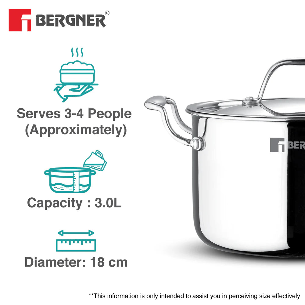 Bergner Argent Samsara Triply Stockpot 18cm 3L compact size for couples and small households