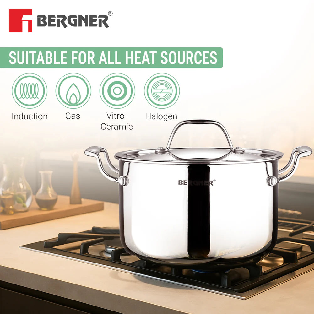 Bergner Argent Samsara Triply Stockpot with stainless steel lid available in 4 sizes for Indian kitchens