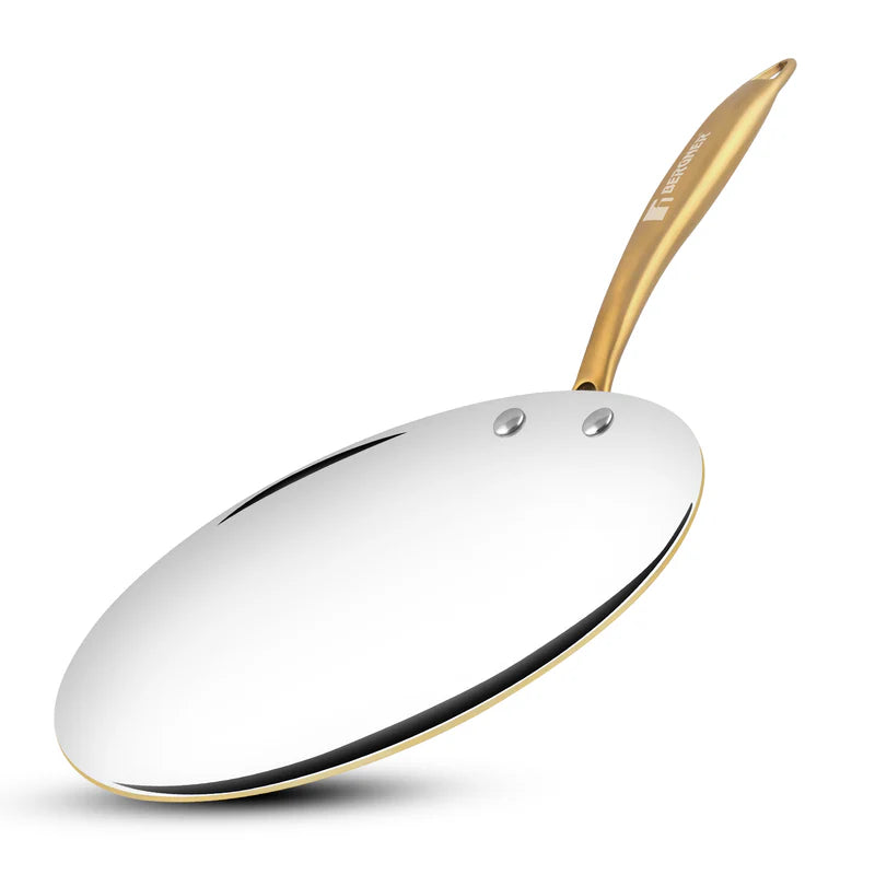 Bergner Peetlam 26cm brass concave tawa with tin coating and ergonomic handle for traditional Indian cooking