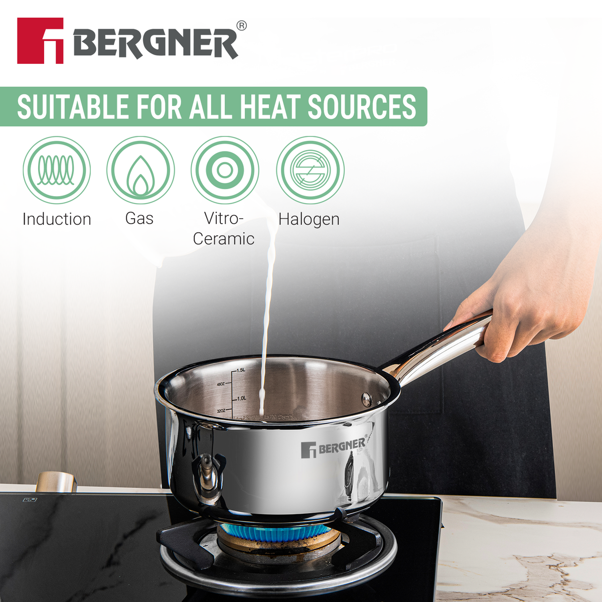 Bergner tri-ply cookware works on induction, gas, vitro-ceramic and halogen cooktops
