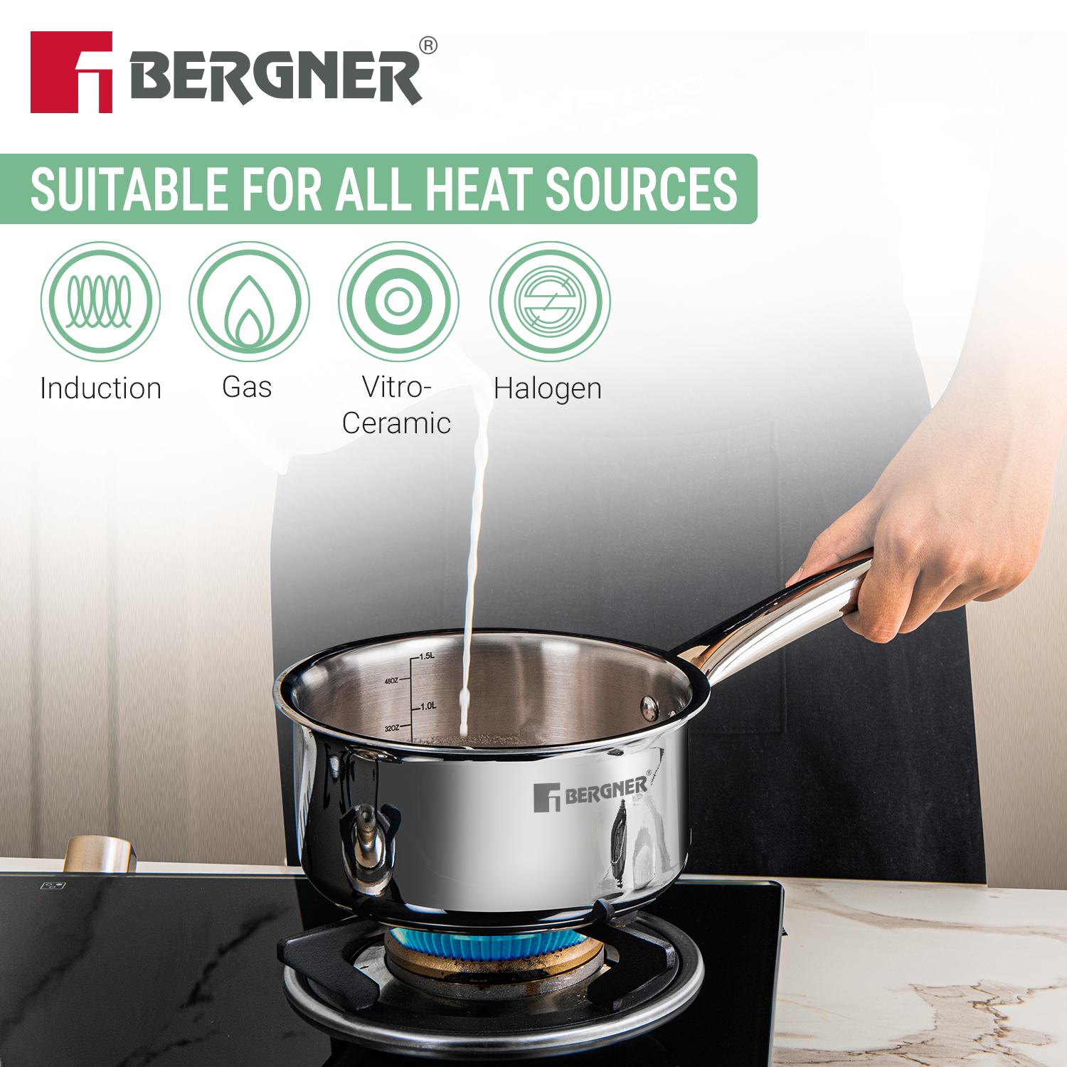 Bergner tri-ply cookware works on induction, gas, vitro-ceramic and halogen cooktops