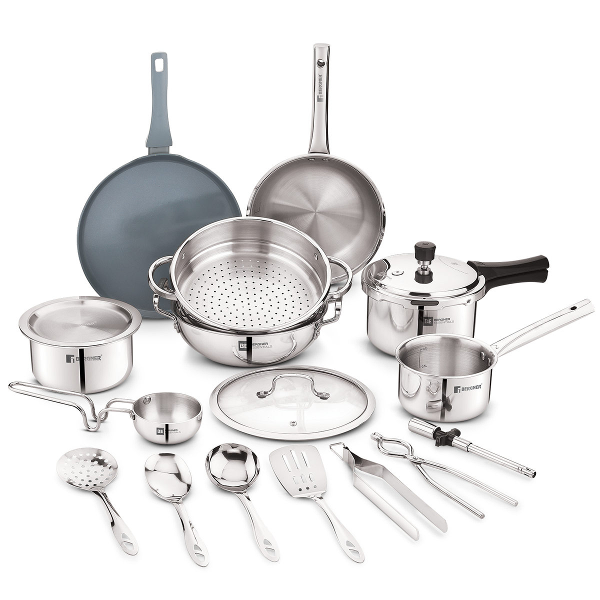 All 17 pieces of the Bergner triply marriage set – kadai, glass lid, steamer, frypan, saucepan, tope, 3L cooker, tawa, tadka pan and tools