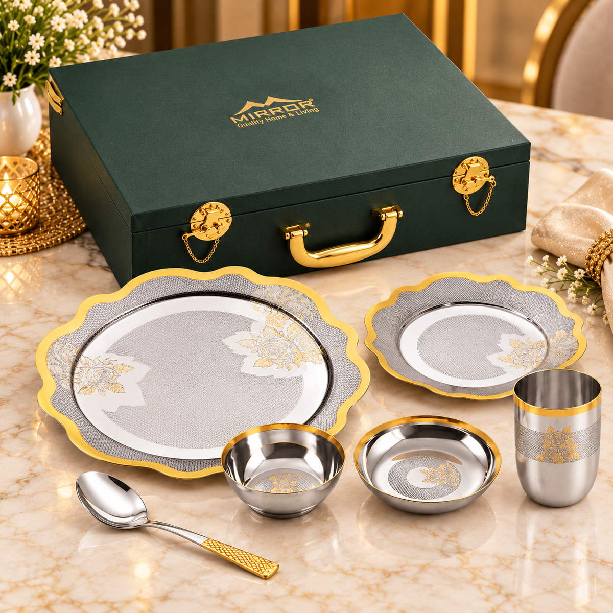 Mirror Regalia gold plated thali dinner set – festive and wedding gift