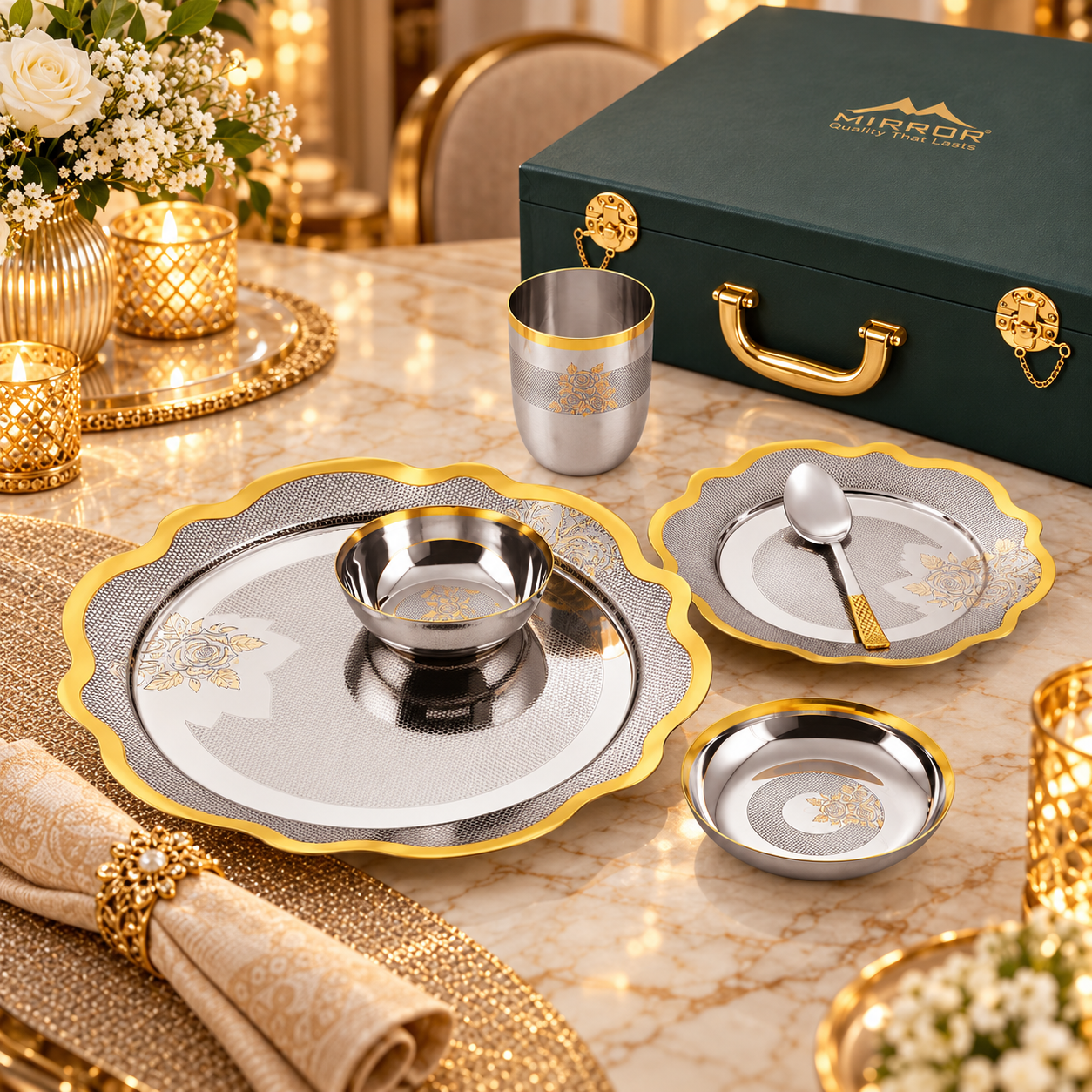 Mirror Regalia gold plated dinner set 42 pieces with thali, vati, glass and spoon