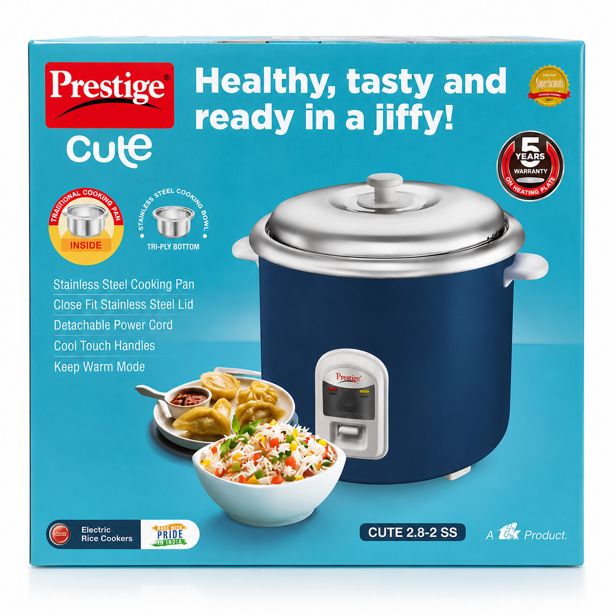 Prestige Cute 2.8-2 SS electric rice cooker 2.8L in blue with stainless steel lid
