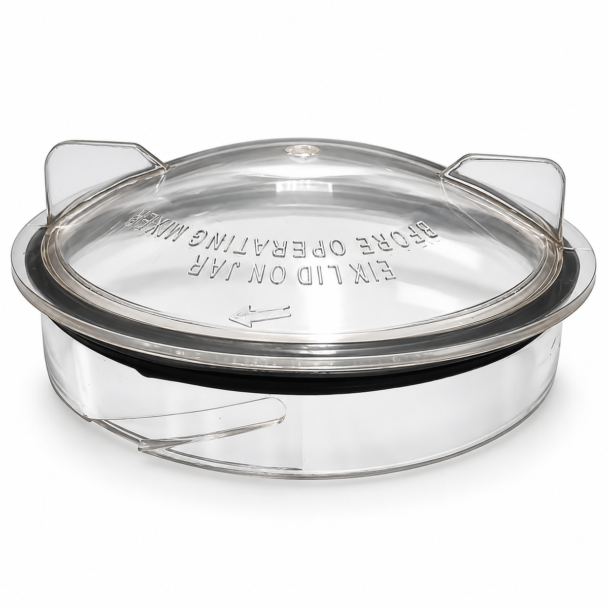Lid with gasket for Preethi MGA 501 chutney jar, clear dome with two grip tabs, front view