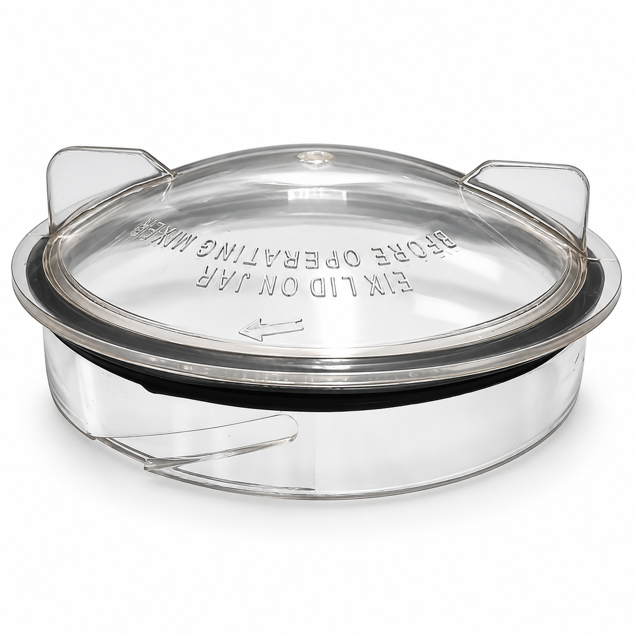 Lid with gasket for Preethi MGA 501 chutney jar, clear dome with two grip tabs, front view