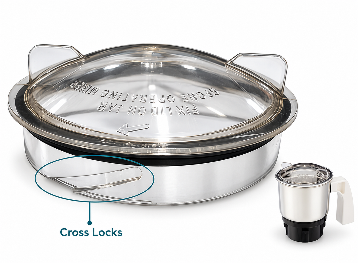 Preethi MGA 501 chutney jar lid shown beside the 0.4 litre steel chutney jar it fits