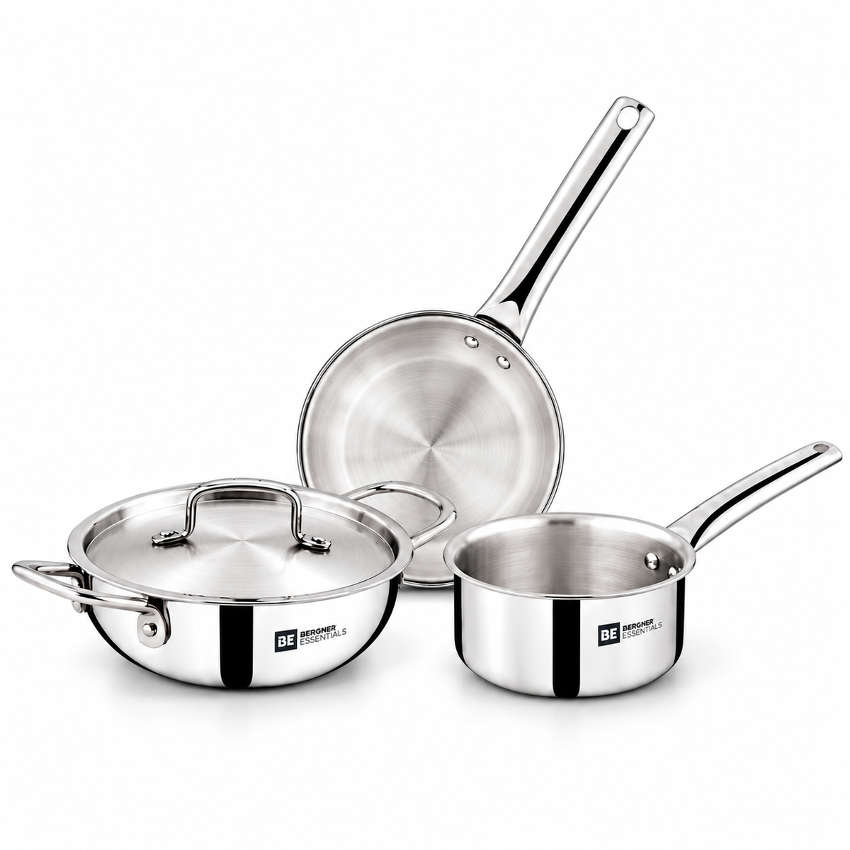 Bergner Essentials Triply Stainless Steel Mini Cookware Set, 4 Pcs – 14cm Frypan, 12cm Saucepan, 14cm Kadai with Lid