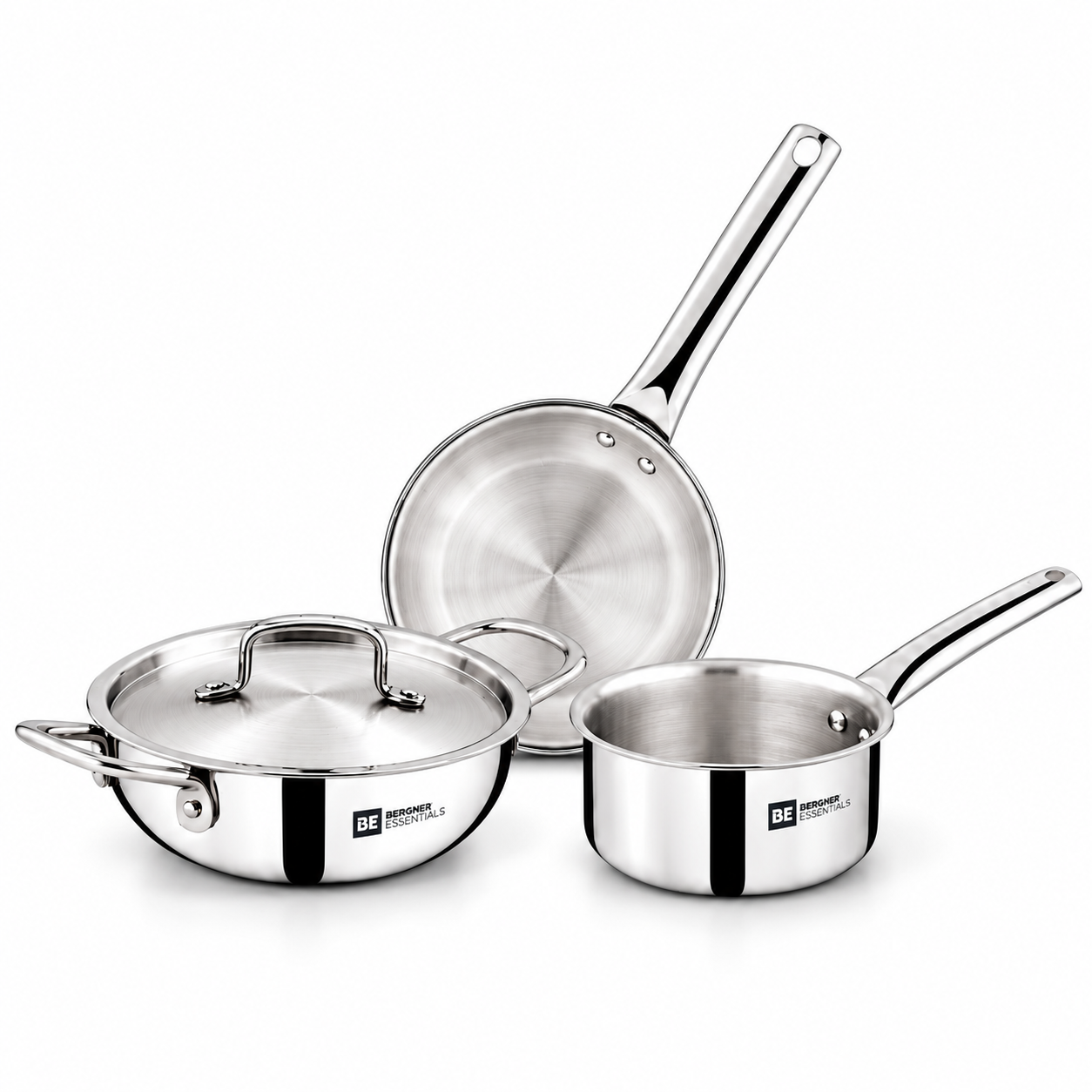 Bergner Essentials Triply Stainless Steel Mini Cookware Set, 4 Pcs – 14cm Frypan, 12cm Saucepan, 14cm Kadai with Lid