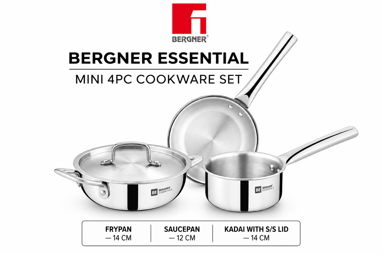 Bergner Essentials Triply Stainless Steel Mini Cookware Set, 4 Pcs – 14cm Frypan, 12cm Saucepan, 14cm Kadai with Lid
