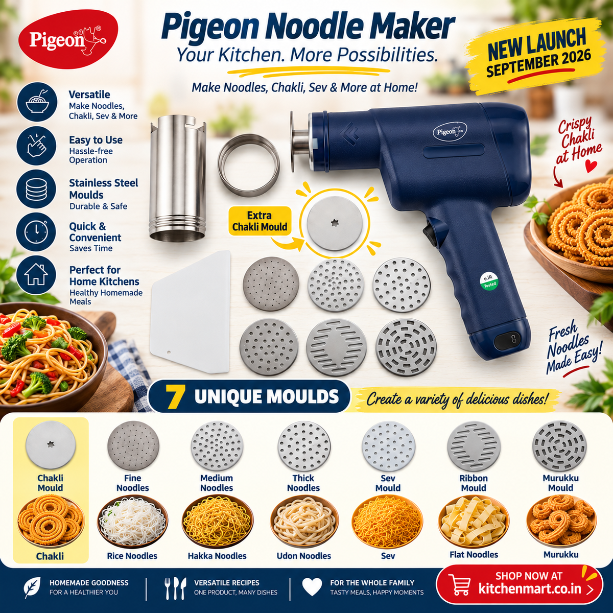 Pigeon Cordless Noodle & Idiyappam Maker – 7 Moulds with Chakli Die, 1500mAh Rechargeable