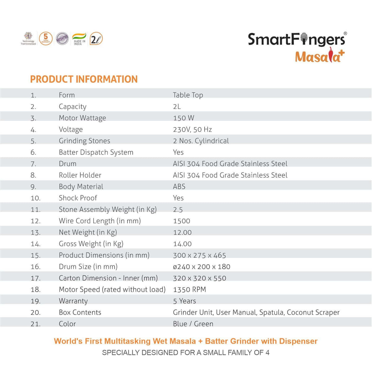Compact and ergonomic SmartFingers Masala Plus grinder design