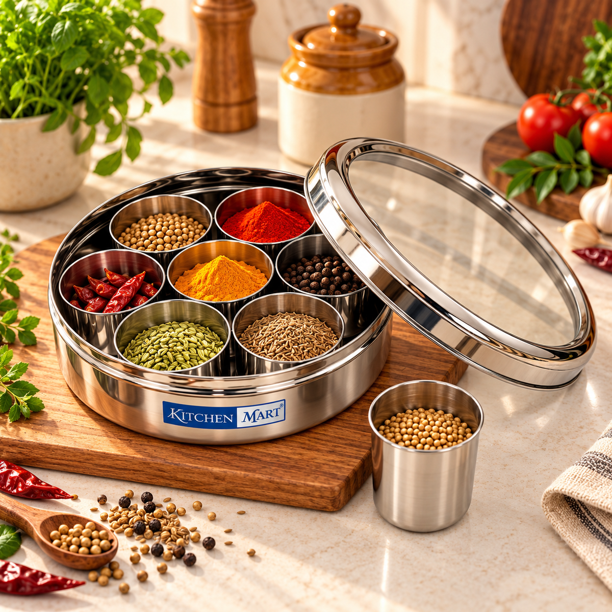 Kitchen Mart Chutki Mini Masala Box – Stainless Steel Spice Box with 7 Cups & See-Through Lid, 16.5 cm