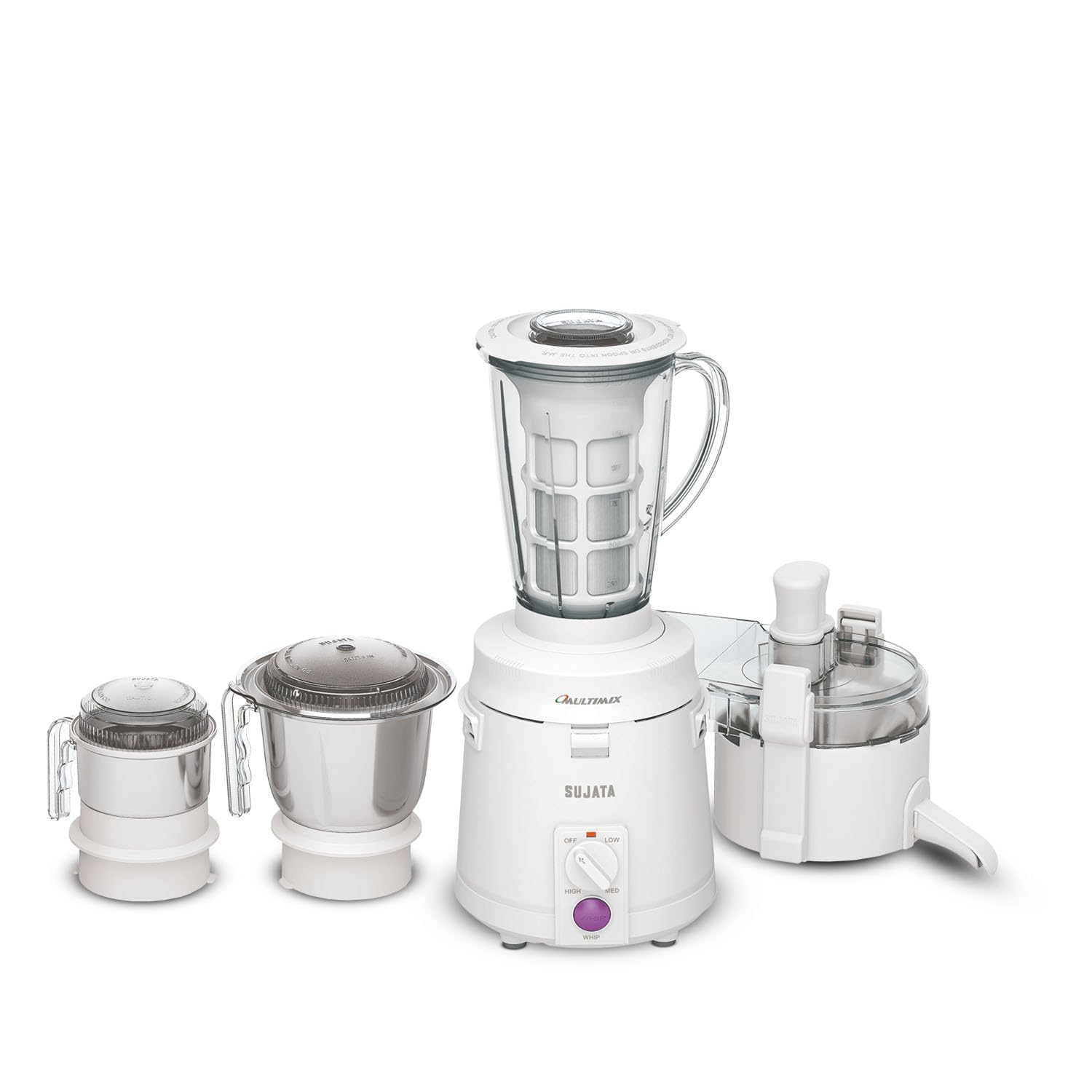 Sujata Multimix 900W kitchen appliance with fresh juice maker attachment and mesh filter