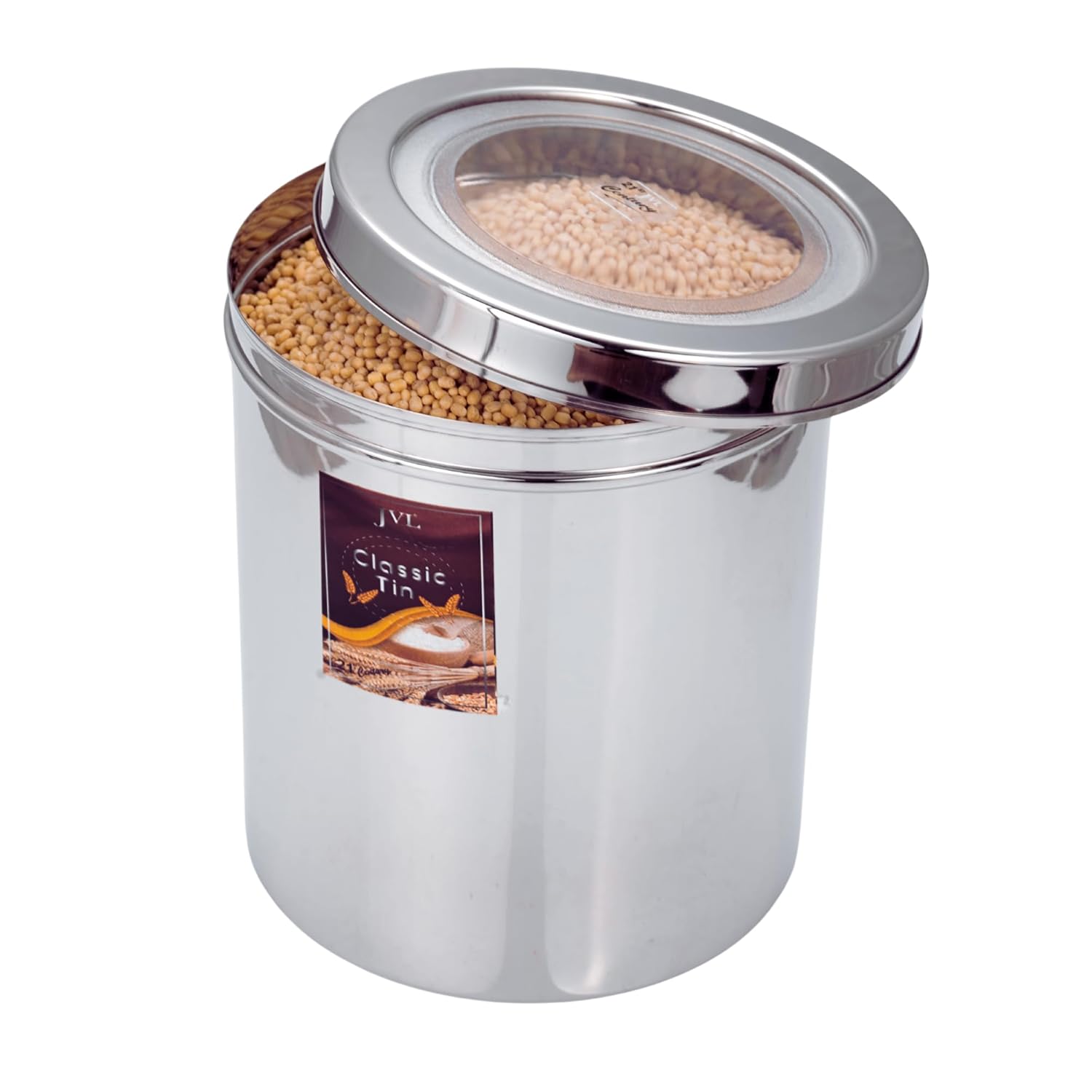 JVL Classic Tin stainless steel storage container with see-through lid
