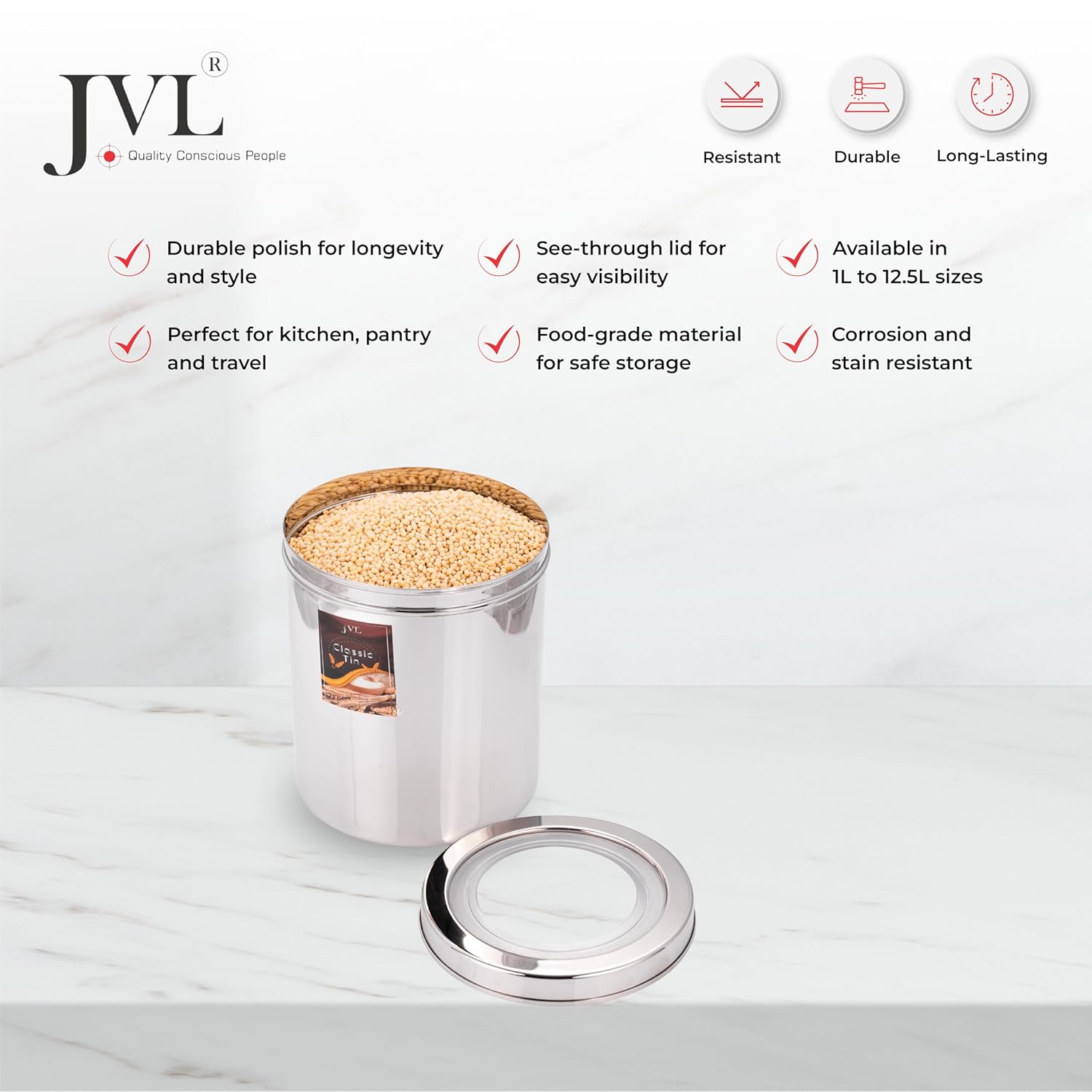 JVL Classicware mirror finish steel canister filled with dal and grains
