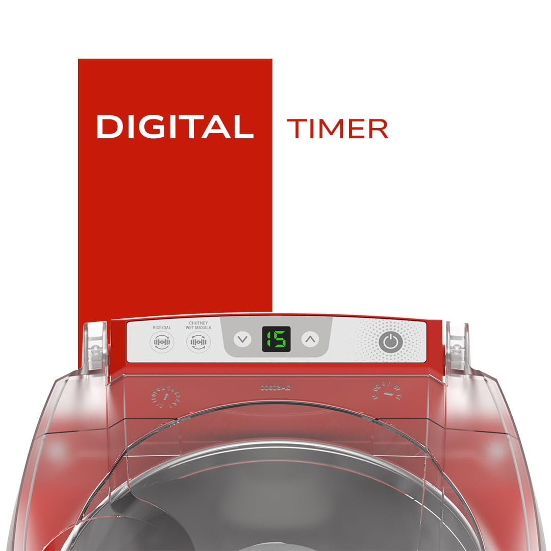 Compact white wet grinder with red handles and control panel