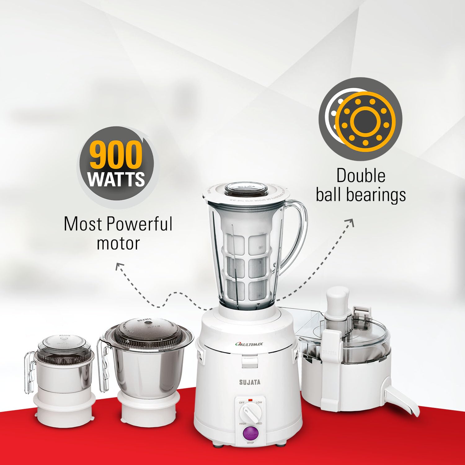 Complete Sujata Multimix set with blender jar, dry grinding jar, and chutney jar