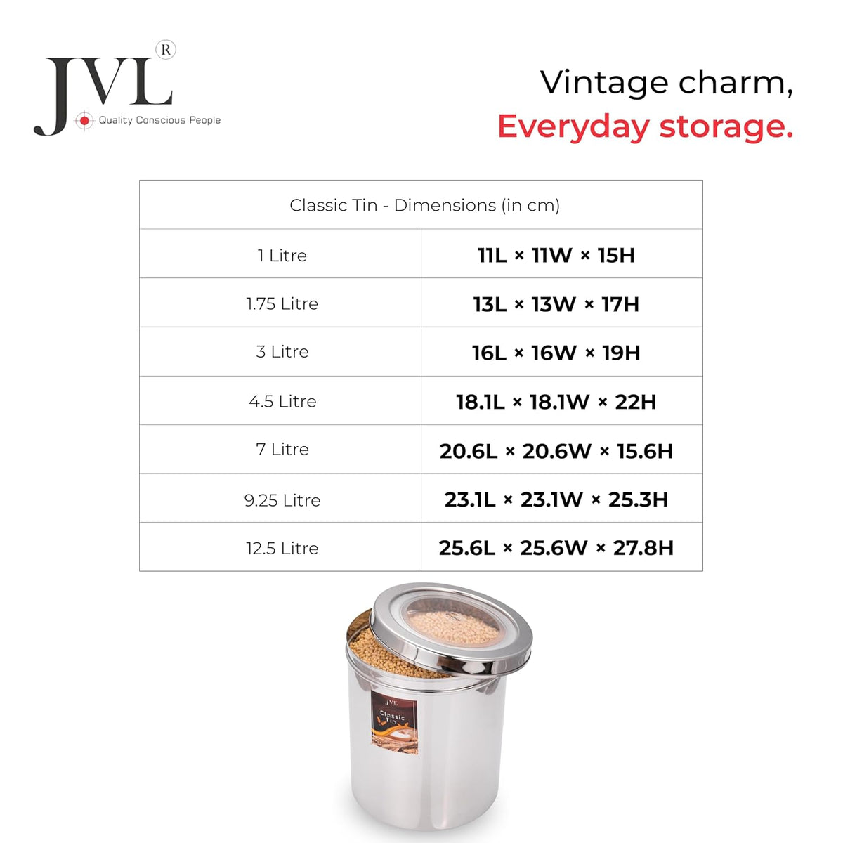 JVL Classic Tin size range from 1 litre to 12.5 litre for kitchen storage
