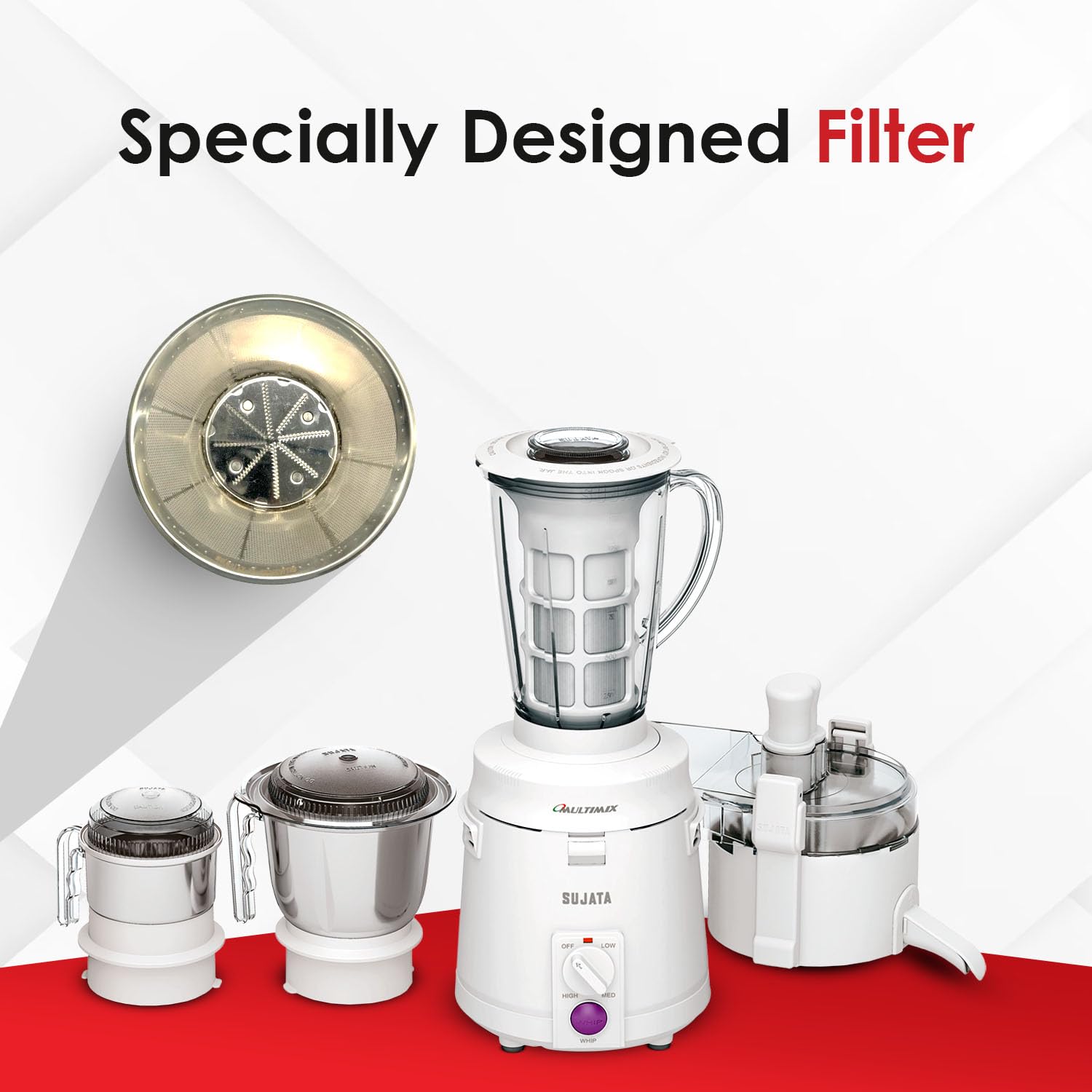 Sujata 2-in-1 mixer grinder showing transparent blender jar and honeycomb filter attachment