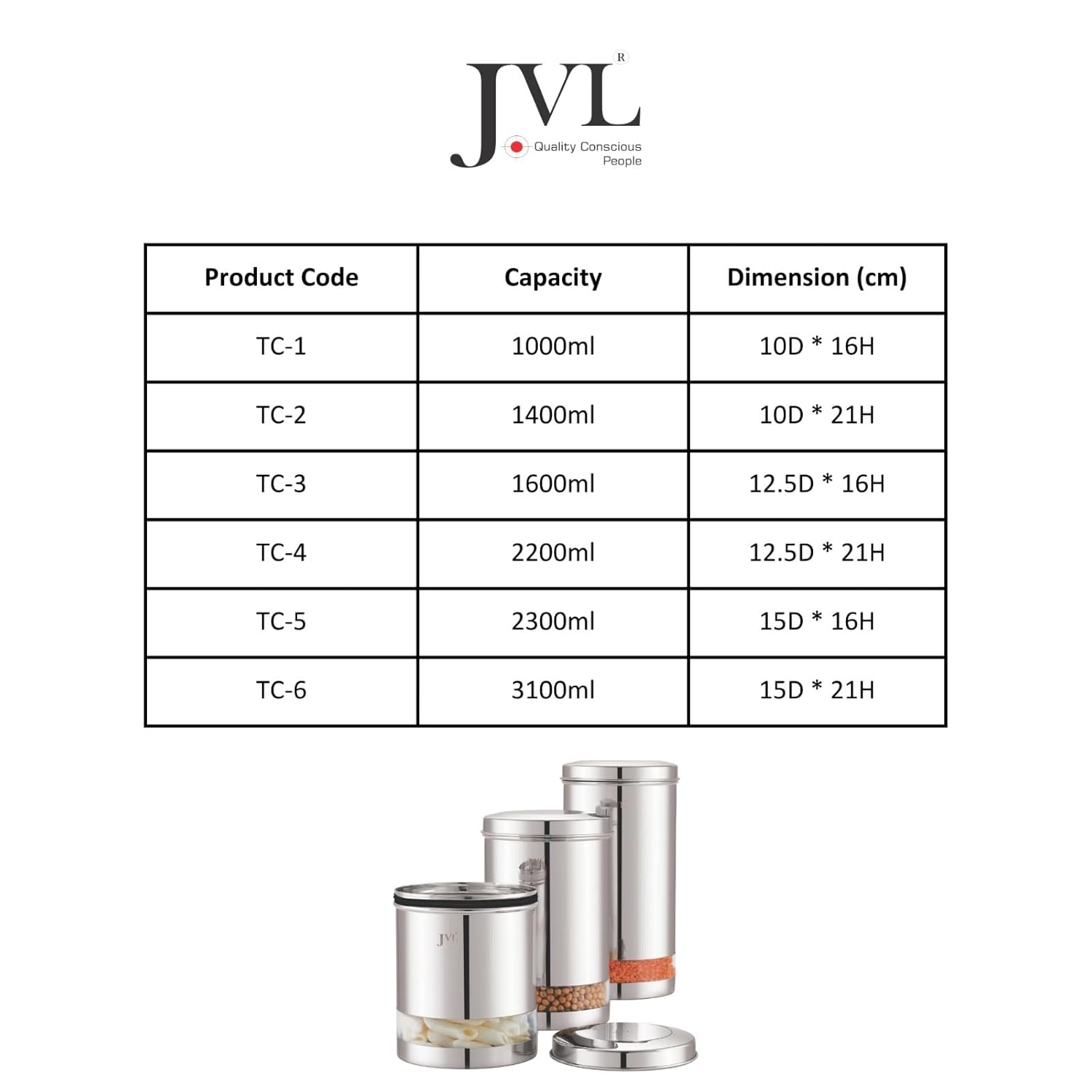 JVL TC-4 2200ml stainless steel canister with silicone sealed lid and viewing strip