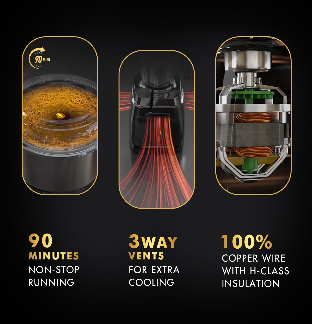 Technical features of Sujata mixer grinder showing 90 minutes non-stop running capability, three-way vents for extra cooling, and 100% copper wire with H-class insulation