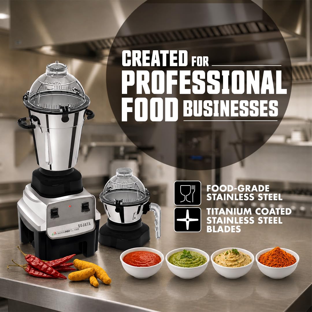 Sujata Magna Pro CL-1305 commercial mixer grinder for professional food businesses with food-grade stainless steel jars and titanium coated blades