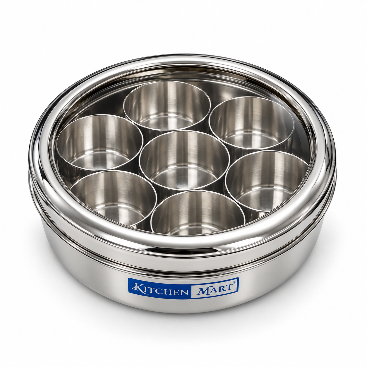 Kitchen Mart Chutki Mini Masala Box – Stainless Steel Spice Box with 7 Cups & See-Through Lid, 16.5 cm