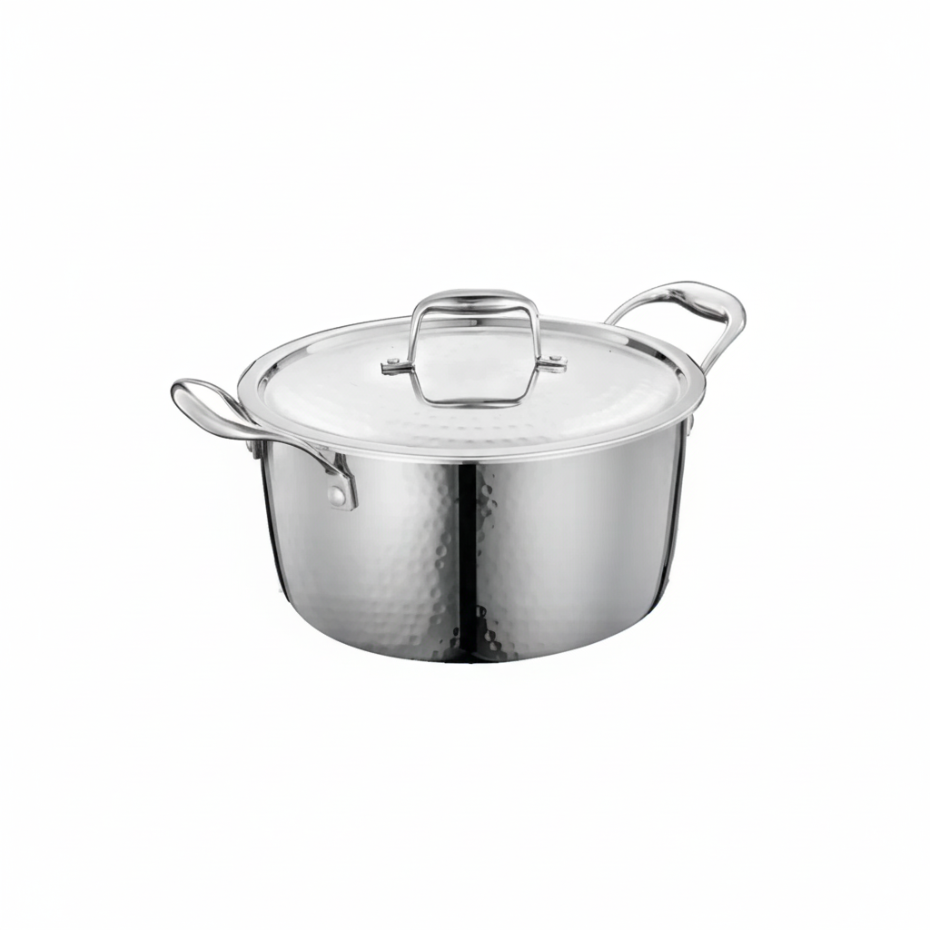Stainless steel pot with a clear lid on a white background