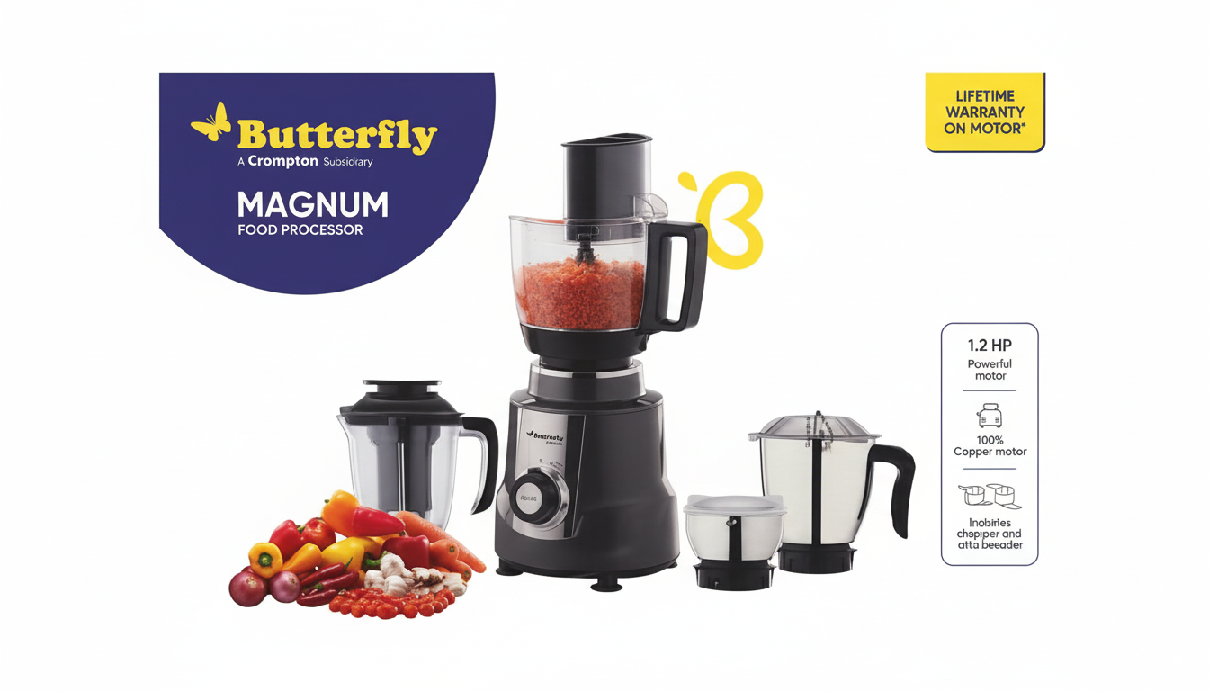Butterfly Magnum food processor with 1.2HP copper motor and multiple attachments