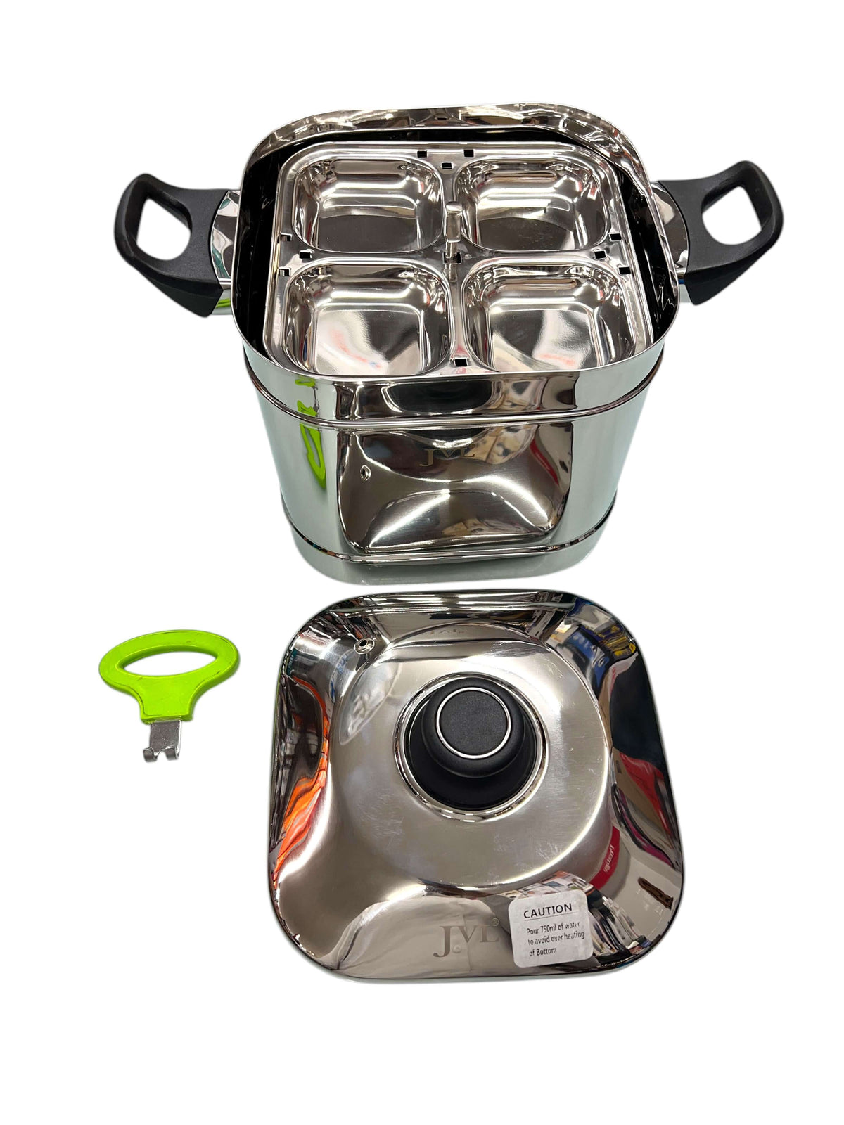 JVL Square Idly Maker with 5 plates, stainless steel design, induction compatible, includes lid and steamer handle.