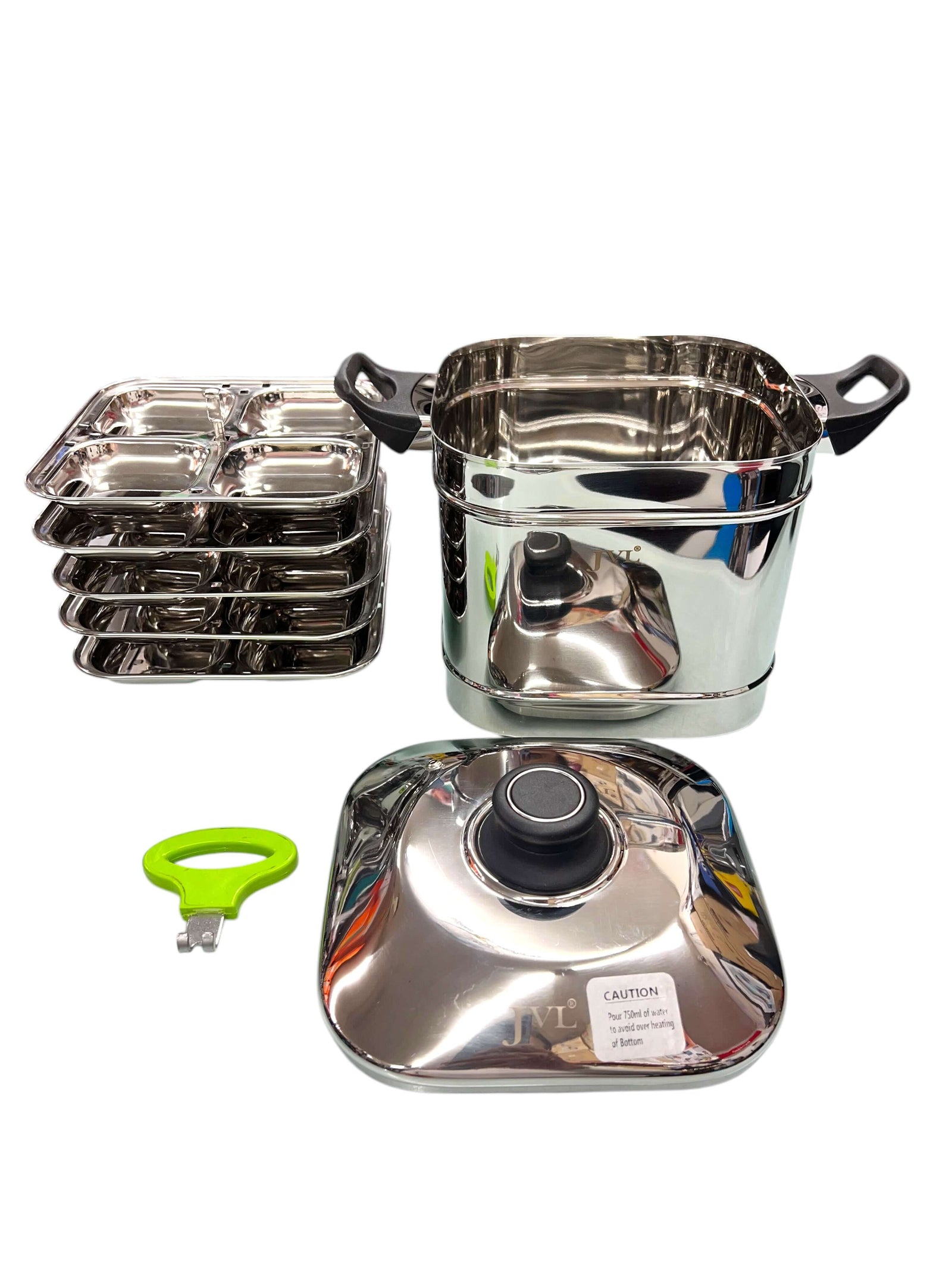 JVL square idly maker with 5 square plates, designed for induction cooking and durable stainless steel construction.