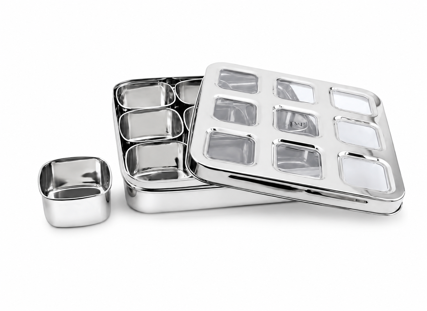 JVL Vista Air-Tight Dry Fruit & Spice Tin – Stainless Steel Storage Set with Removable 180ml Cups & See-Through Lid 9 Cups