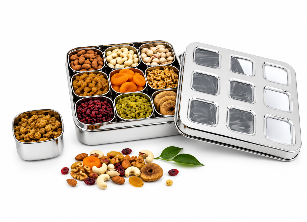 JVL Vista Air-Tight Dry Fruit &amp; Spice Tin – Stainless Steel Storage Set with Removable 180ml Cups &amp; See-Through Lid 9 Cups