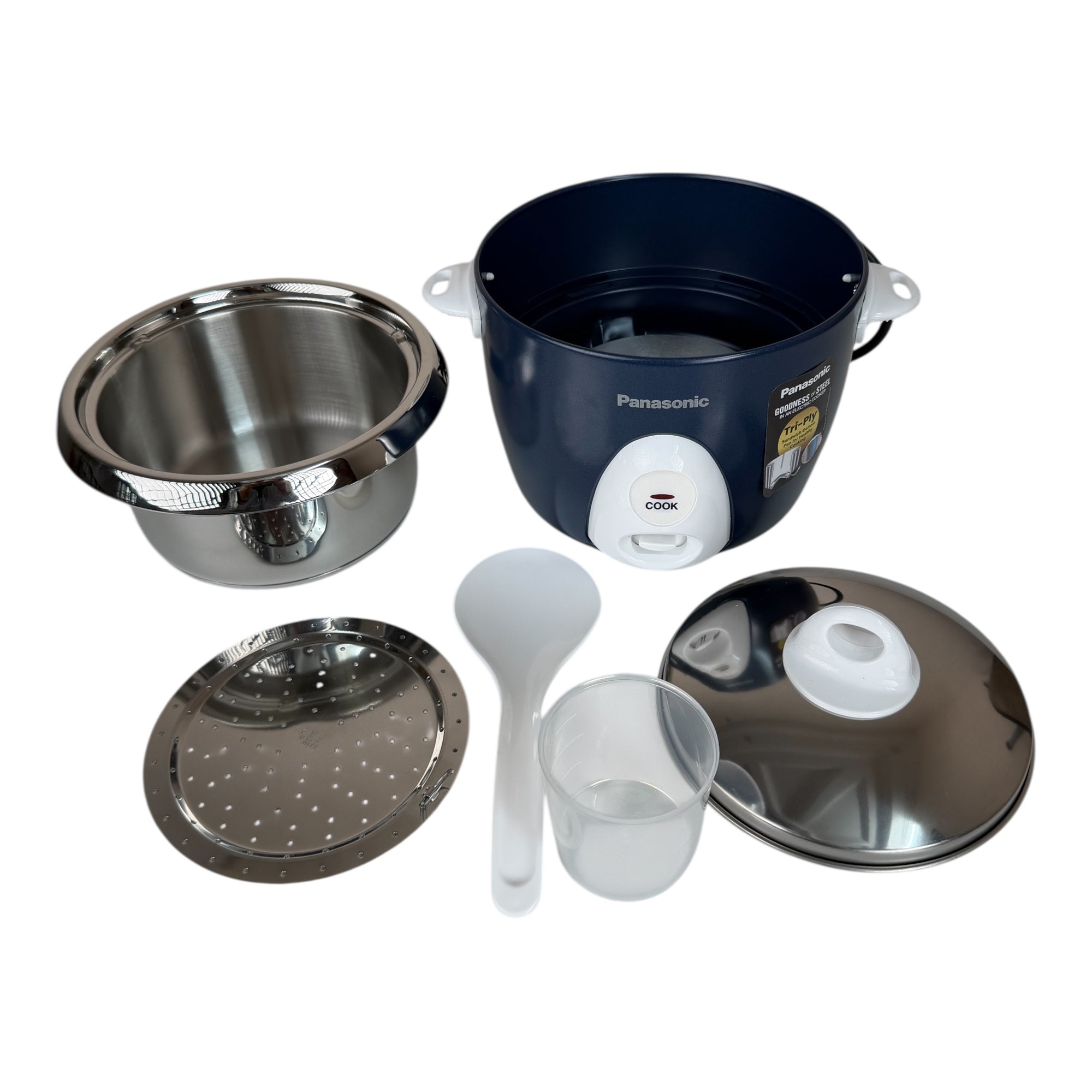 Panasonic SR-G06 automatic rice cooker with blue body and stainless steel tri-ply cooking pan