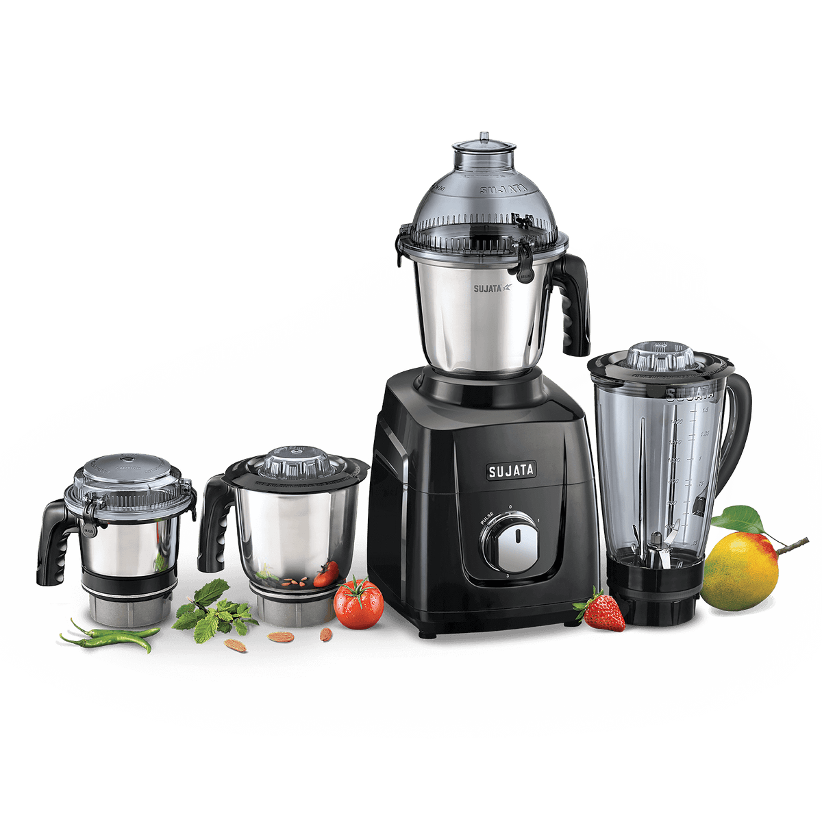 Sujata MG03 1000W heavy-duty mixer grinder complete package including main motor base unit with control dial and four interchangeable stainless steel jars for grinding, blending, and juicing