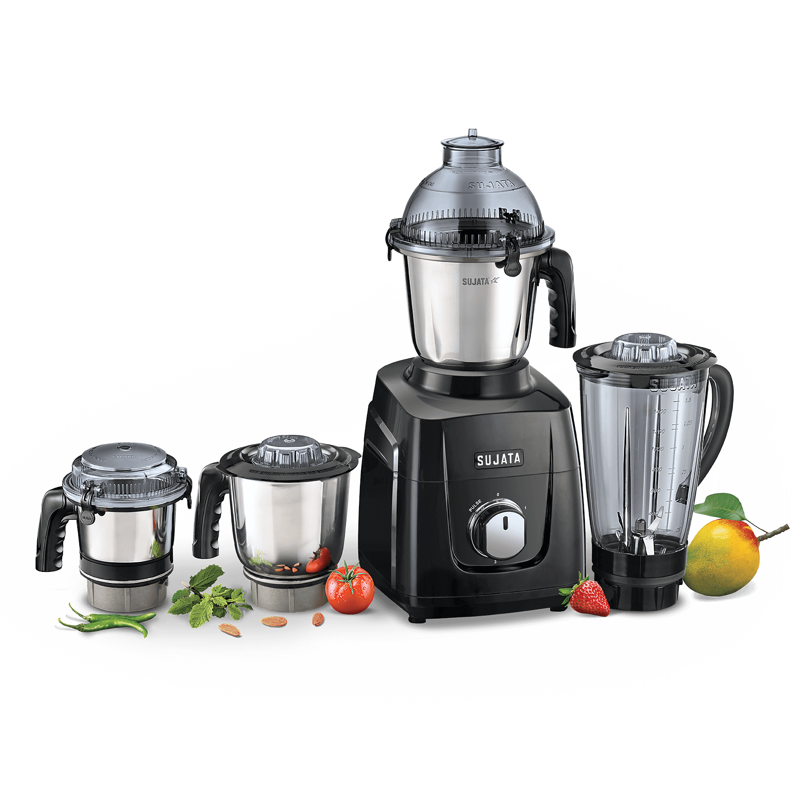 Sujata MG03 1000W heavy-duty mixer grinder complete package including main motor base unit with control dial and four interchangeable stainless steel jars for grinding, blending, and juicing