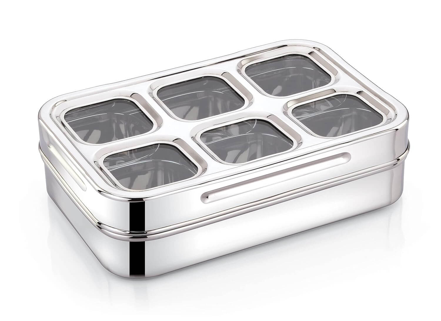 Stainless steel rectangular spice box with glass lid showing 6 compartments for masala storage