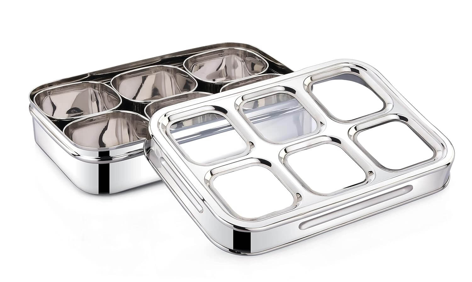 Stainless steel rectangular spice box with glass lid showing 6 compartments for masala storage