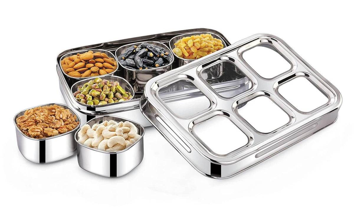 Rectangular stainless steel dabba with 6 spice containers and clear glass cover