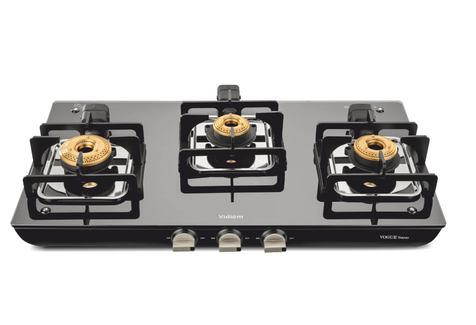 VIDIEM gas stove featuring 8MM toughened glass surface and ergonomic metal knobs
